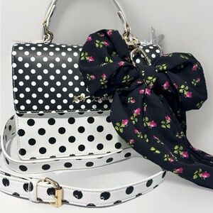 Betsey Johnson Black and White Polka Dot Satchel with Floral Bow
